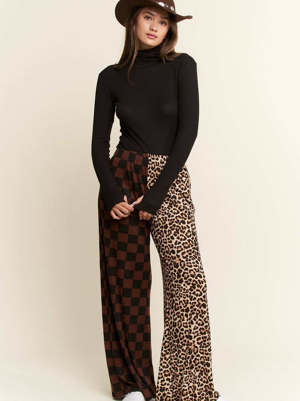 Wide Leg Mixed-Print Pants in Brown and Leopard - Picture 2 of 2